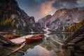 Lago di Braies lake and Seekofel peak at sunrise, Dolomites. Italy