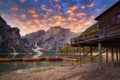 Lago di Braies lake and Seekofel peak at sunrise, Dolomites. Italy