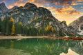 Lago di Braies lake and Seekofel peak at sunrise, Dolomites. Italy