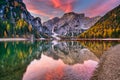 Lago di Braies lake and Seekofel peak at sunrise, Dolomites. Italy