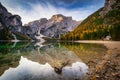 Lago di Braies lake and Seekofel peak at sunrise, Dolomites. Italy