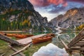 Lago di Braies lake and Seekofel peak at sunrise, Dolomites. Italy