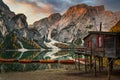 Lago di Braies lake and Seekofel peak at sunrise, Dolomites. Italy