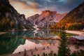 Lago di Braies lake and Seekofel peak at sunrise, Dolomites. Italy Royalty Free Stock Photo