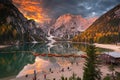 Lago di Braies lake and Seekofel peak at sunrise, Dolomites. Italy