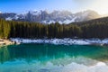 Lago di Carezza (Karersee) with Alps and blue skies, SÃ¼dtirol,