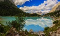 Lago di Sorapiss with amazing turquoise color of water. The mou