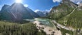 Lago Landro - Panoramica aerea dall\'alto del paesaggio sulle Dolomiti di Sesto