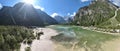 Lago Landro - Panoramica aerea dall\'alto del paesaggio sulle Dolomiti di Sesto