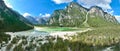 Lago Landro - Panoramica aerea dall\'alto del paesaggio sulle Dolomiti di Sesto