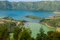 Lagoa das Sete Cidades is located on the island of Sao Miguel, Azores and is characterized by the double coloration of its waters Royalty Free Stock Photo