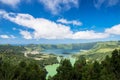 Lagoa das Sete Cidades is located on the island of Sao Miguel, Azores and is characterized by the double coloration of its waters Royalty Free Stock Photo