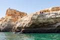 Lagoa, Portugal - July 11, 2020: People fishing from the cliffs of the Lagoa region. Coastline formed of towering cliffs,