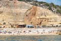 Lagoa, Portugal - July 11, 2020: View from the sea of one of Carvoeiro beach. The Lagoa region has a coastline formed of towering