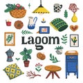 Lagom. Concept of Scandinavian lifestyle. Illustration with lagom lettering and cozy home things like pillow, plants