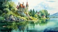 Lagoon Of Germany: Beautiful Watercolor Painting Of A Castle On The Lake