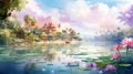 Lagoon Of India: Colorful Watercolor Illustration With Buddhist Art Influence
