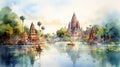 Lagoon Of India: Colorful Watercolor Illustration With Detailed Temple Background