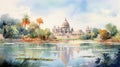 Lagoon Of India Delicate Watercolor Illustration Of An Ancient Temple By The Lake