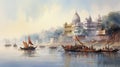 Lagoon Of India Watercolor Illustration - Varanasi Painting Hd Wallpaper