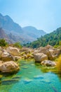 Lagoon with turqoise water in Wadi Tiwi in Oman