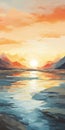Psychedelic Sunset: Vibrant Colors And Soft Brushstrokes Illuminate Lake And Mountains