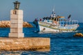 LAGOS, PORTUGAL - OCTOBER 7, 2017: Tour boat Via Sagres of Actual Boat Trips company in a port of Lagos, Portuga Royalty Free Stock Photo