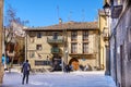 Laguardia, Alava, Spain. March 30, 2018: San Juan square in the center of town with large regular stone blocks and typical medieva