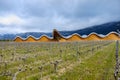 Laguardia, Alava, Spain. March 30, 2018: View of the facade of the wine cellars of Rioja premium called Ysios with its vineyards i
