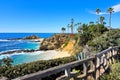 Laguna Beach ocean shoreline with palm trees, California, USA