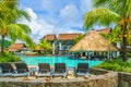 Laguna Beach Resort, Mauritius - February 17, 2018: Luxury resort with swim pool, Mauritius island, Africa Royalty Free Stock Photo