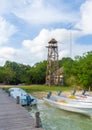 Laguna near Muyil. View with boats. and panoramic tower. Travel photo, background. Yucatan. Quintana roo