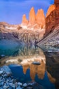 Laguna torres with the towers at sunset, Torres del Paine National Park, Patagonia, Chile