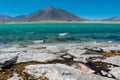 Laguna Verde green water lagoon lake and volcano in Chile mountains of Altiplano
