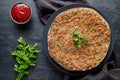 Lahmacun traditional turkish homemade pizza with minced beef or lamb meat, paprika Royalty Free Stock Photo