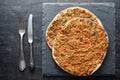 Lahmacun traditional turkish pizza with minced beef meat, paprika tomatoes, parsley Royalty Free Stock Photo