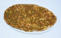 Top view  of Lahmacun, turkish pizza served on the plate, made with minced meat Royalty Free Stock Photo