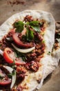 Lahmacun - turkish pizza on a wood background close up Royalty Free Stock Photo