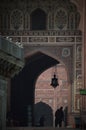 Biggest arch of badshahi mosque entrance, emperor mosque of mughal empire for background, selective focus
