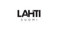 Lahti in the Finland emblem. The design features a geometric style, vector illustration with bold typography in a modern font. The