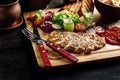 Laid dinner on the table, onion and egg soup, rice, chicken breast. Royalty Free Stock Photo