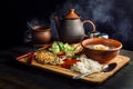 Laid dinner on the table, onion and egg soup, rice, chicken breast. Royalty Free Stock Photo