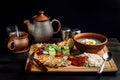 Laid dinner on the table, onion and egg soup, rice, chicken breast. Royalty Free Stock Photo