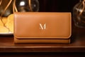 laid out monogrammed leather wallet under studio lights