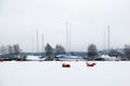 Laid up sailboats in ice covered harbor at the Baltic Sea for winter lay-up concept Royalty Free Stock Photo