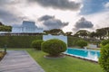 Laie Temple with beautiful fountains and garden sunset view on Oahu island, Hawaii