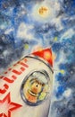 Laika - first dog in space. Watercolors. Royalty Free Stock Photo