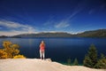 woman turist background San Martin de los Andes, lake and transparent waters,