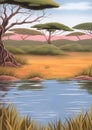 Lake in the African Savannah Illustration Royalty Free Stock Photo