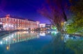 The Lake of Agia Varvara with the old tobacco factory in Drama City Central Park. Royalty Free Stock Photo